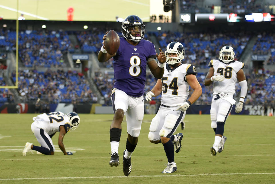 Lamar Jackson has looked rough around the edges this Preseason, but he remains a fascinating late-round grab for fantasy purposes. (AP Photo/Nick Wass)