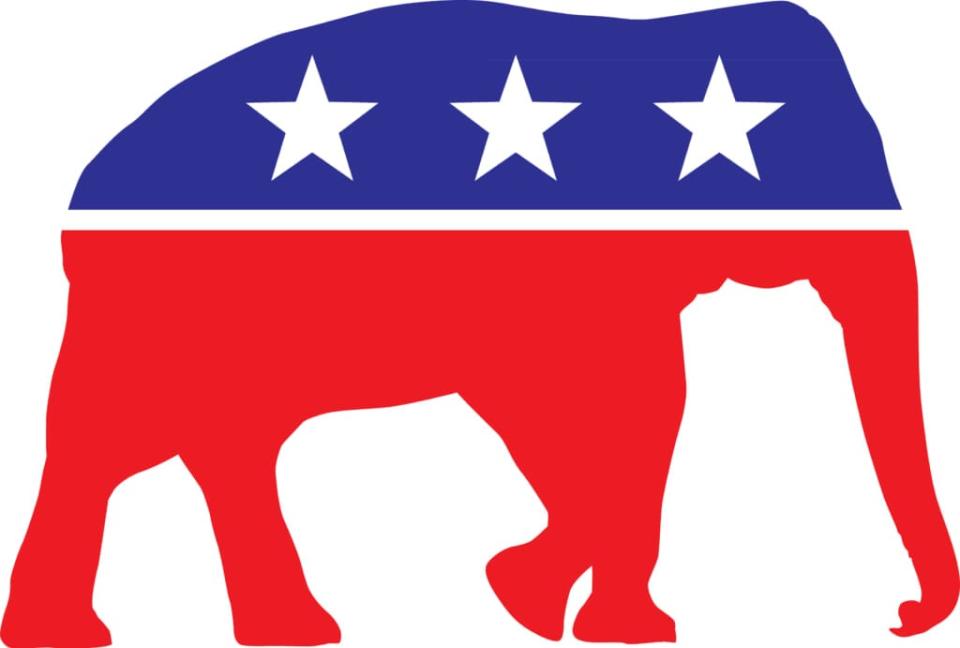Vector illustration of a red white and blue elephant with three white stars on it.