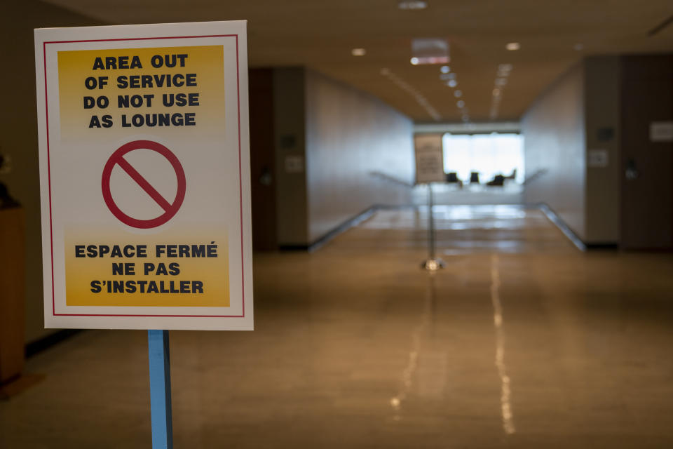 A sign informs that a lounge is out of service, Monday, Sept. 21, 2020 at United Nations headquarters. In 2020, which marks the 75th anniversary of the United Nations, the annual high-level meeting of world leaders around the U.N. General Assembly will be very different from years past because of the coronavirus pandemic. Leaders will not be traveling to the United Nations in New York for their addresses, which will be prerecorded. Most events related to the gathering will be held virtually. (AP Photo/Mary Altaffer)