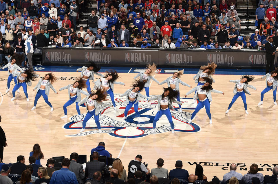 The Sixers Dancers perform in Game Two of Round One between the Brooklyn Nets and the Philadelphia 76ers during the 2019 NBA Playoffs on April 15, 2019 at the Wells Fargo Center in Philadelphia, Pennsylvania. | David Dow—NBAE via Getty Images