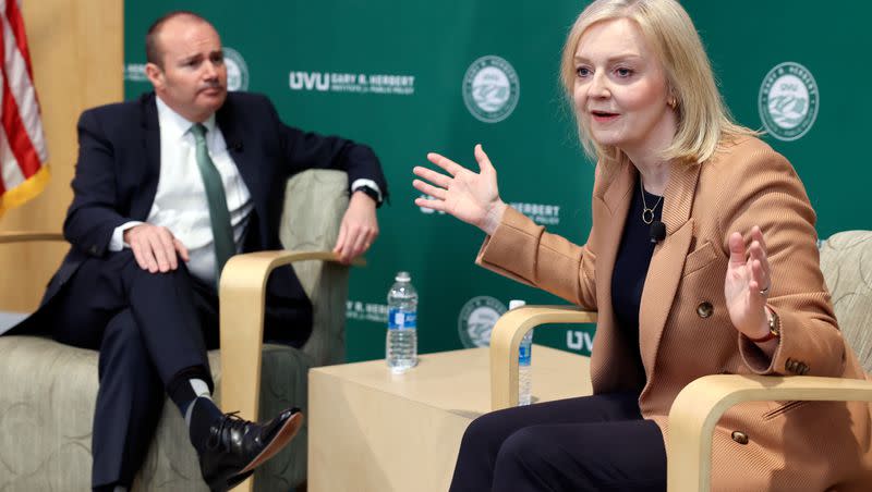 Sen. Mike Lee, R-Utah, and former British Prime Minister Liz Truss talk about “The Importance of the U.S.-U.K. Bilateral Relationship” during a Gary R. Herbert Institute for Public Policy Forum at Utah Valley University in Orem on Tuesday, Feb. 20, 2024.