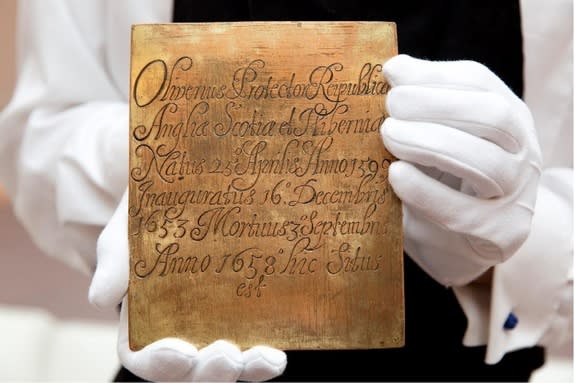 This gilt copper plate was originally placed on the chest of Oliver Cromwell's corpse.