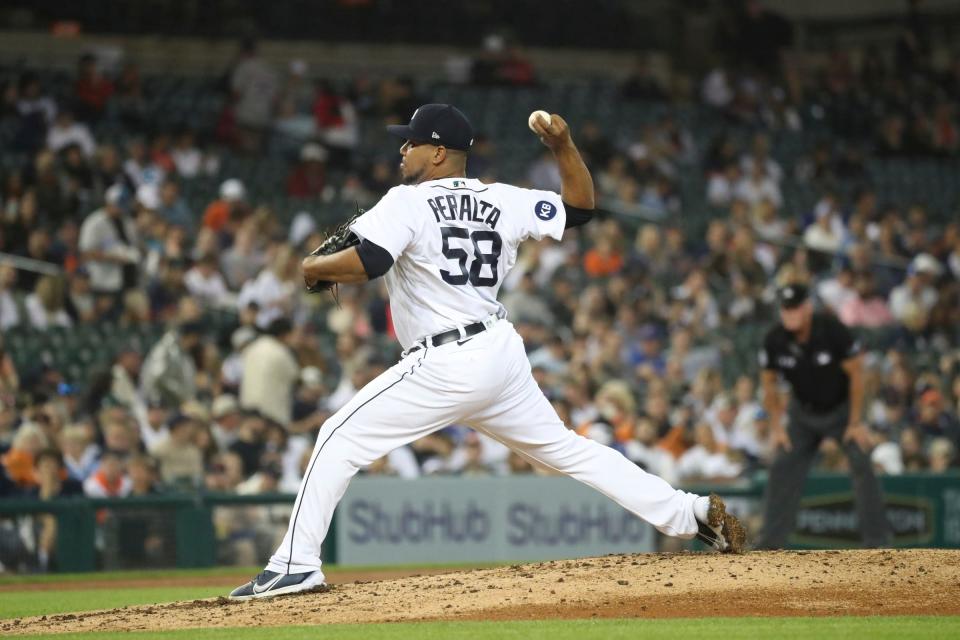 Detroit Tigers reliever Wily Peralta (58) pitches against the Toronto Blue Jays during sixth-inning action at Comerica Park in Detroit on Friday, June 10, 2022.