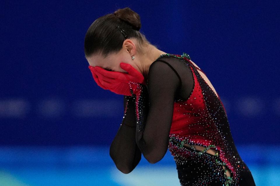 Kamila Valieva, of the Russian Olympic Committee, has a meltdown after the women's free skate program during the figure skating competition at the 2022 Winter Olympics.