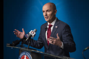  Incumbent Gov. Spencer Cox speaks to members of the media after Utah’s gubernatorial GOP primary debate held at the Eccles Broadcast Center in Salt Lake City on Tuesday, June 11, 2024. (Pool photo by Isaac Hale/Deseret News)