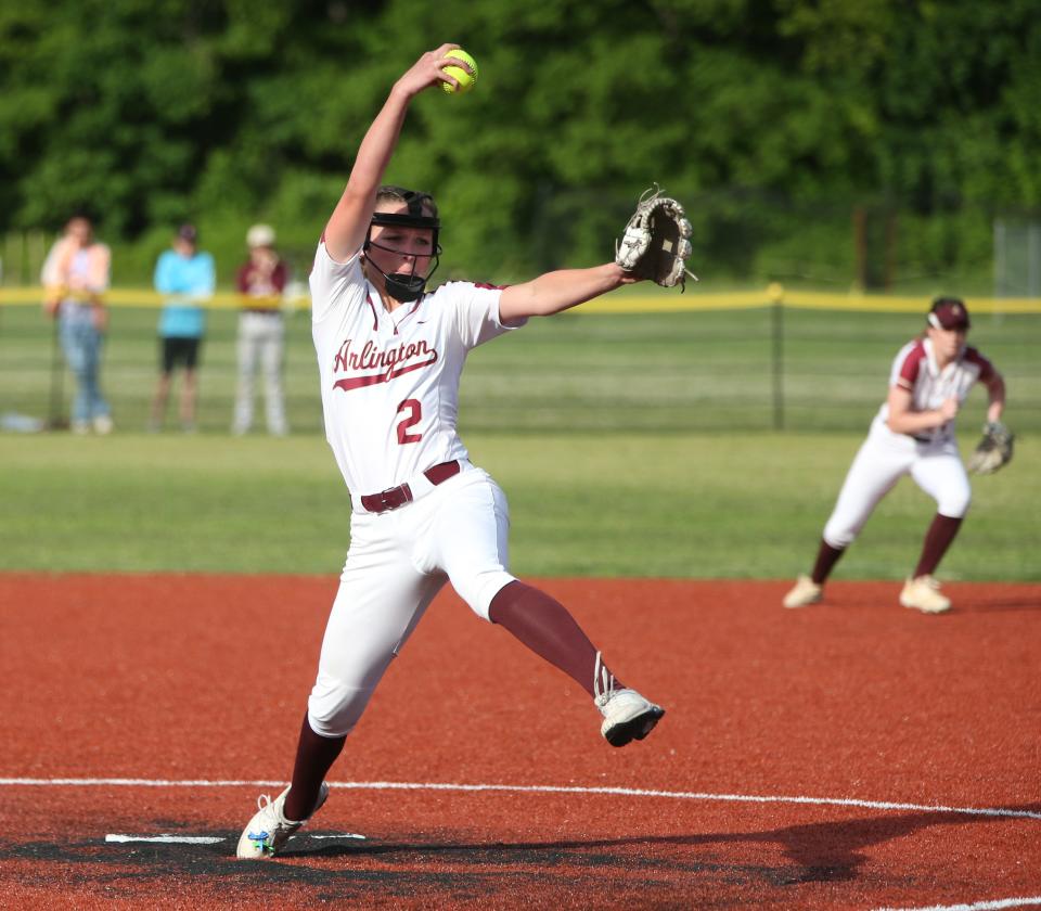 Arlington' s Alyssa Ligouri pitches during the Section 1 Class AA softball semifinal versus White Plains on May 24, 2022. 