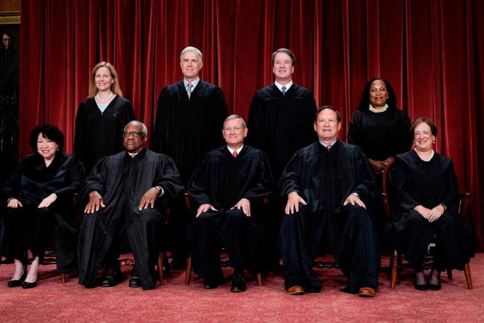 PHOTO: Members of the Supreme Court sit for a group portrait following the addition of Associate Justice Ketanji Brown Jackson, at the Supreme Court building in Washington, Oct. 7, 2022.  (J. Scott Applewhite/AP, FILE)