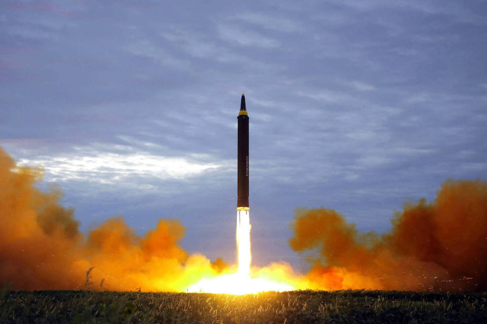 FILE - This Aug. 29, 2017, file photo provided by the North Korean government shows what was said to be the test launch of a Hwasong-12 intermediate range missile in Pyongyang, North Korea. (Korean Central News Agency/Korea News Service via AP, File)