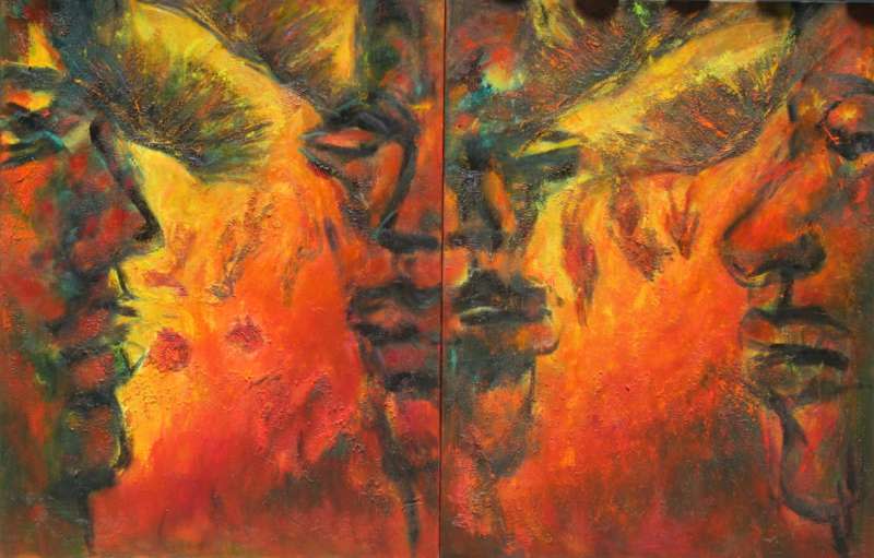 朱孟庠畫作〈折翼天使之墜入火坑〉2016 233×91 cm 油畫