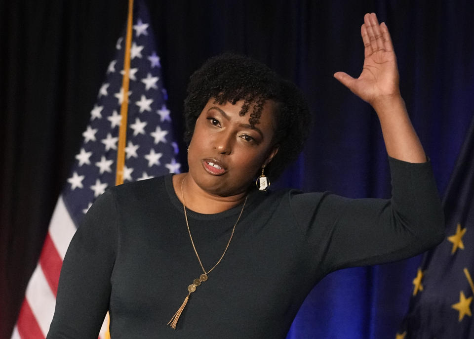 Jennifer-Ruth Green, the Republican candidate for Indiana's 1st Congressional District, acknowledges the crowd at an election campaign event Tuesday, Nov. 8, 2022, in Schererville, Ind. (AP Photo/Darron Cummings)