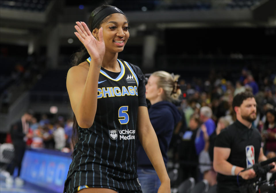 CHICAGO, IL – MAY 07: Angel Reese #5 of the Chicago Sky smiles after a WNBA preseason game against the New York Liberty in the second half on May 7, 2024, at Wintrust Arena in Chicago, Illinois.  (Photo by Melissa Tamez/Icon Sportswire via Getty Images)