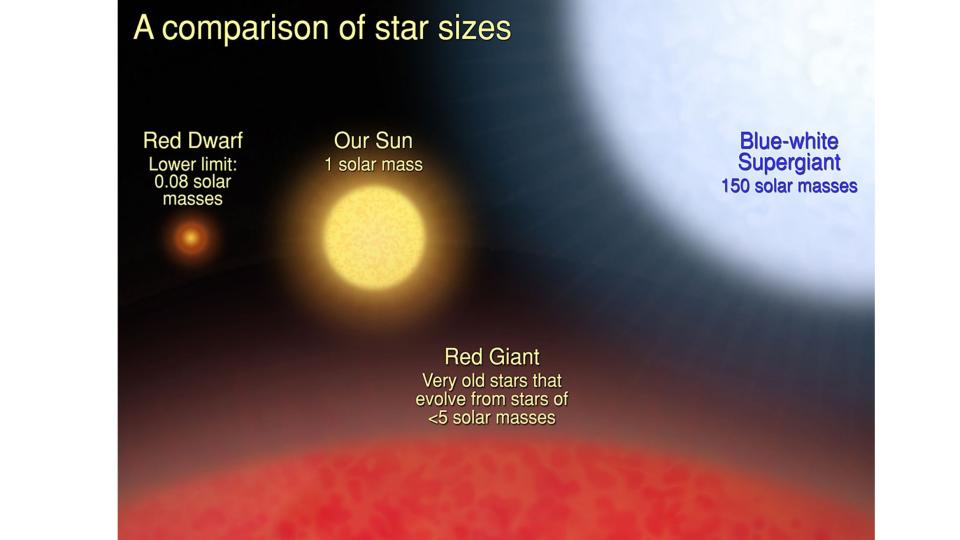 Ein Diagramm, das einen riesigen blau-weißen Überriesenstern mit 150 Sonnenmassen neben einem noch größeren roten Riesenstern zeigt.  Die Sonne erscheint relativ klein und ein Roter Zwerg auf dem Foto ist sogar noch kleiner!