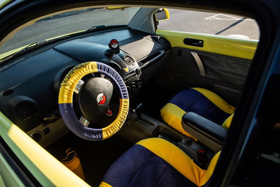 A segment of the interior is featured of a Volkswagen Bug, customized as a Pokémon car that talks and sings, in Camden, Monday, July 10, 2023.