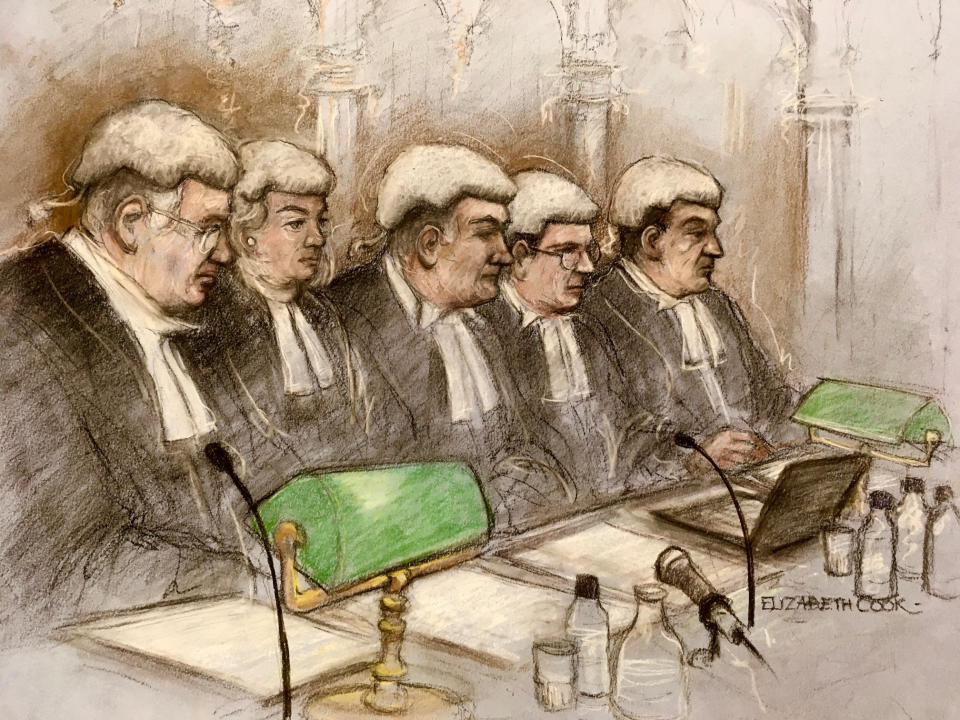 Court artist sketch by Elizabeth Cook of Lord Chief Justice Lord Burnett, Dame Victoria Sharp, Lord Justice Holroyde, Mr Justice Sweeney and Mr Justice Johnson at a hearing at the High Court in London. The senior judges will hear challenges or appeals to the sentences of five killers including the whole-life terms of disgraced former police officer Couzens and double murderer Ian Stewart. Picture date: Wednesday May 4, 2022.