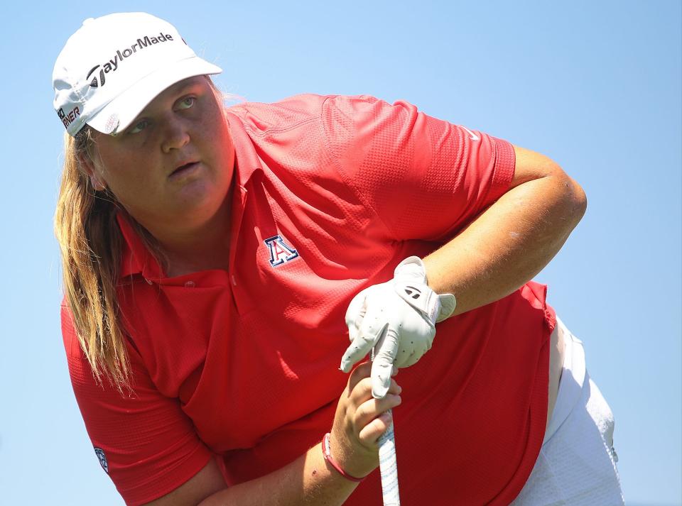 Amateur golfer Haley Moore of Escondido watches her tee shot on the 169-yard par 3 eighth hole during the first round of the ANA Inspiration on Thursday at Mission Hills Country Club in Rancho Mirage.