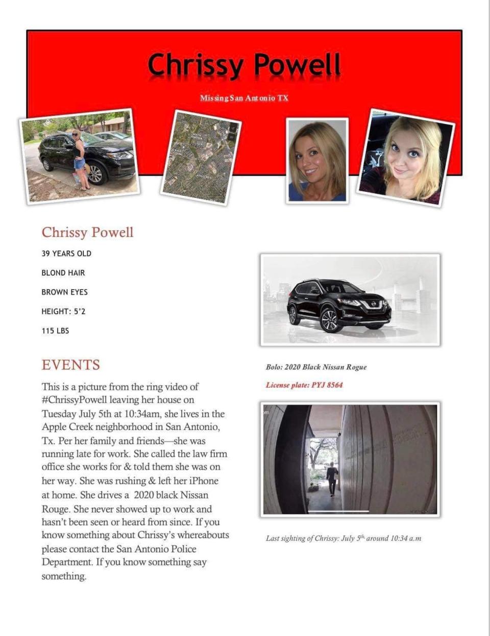 The missing person flyer for Chrissy Powell, 39, describes the last known place that she was seen alive and the black 2020 Nissan Rogue that she was driving, which is also missing (Facebook/San Antonio Police Department)