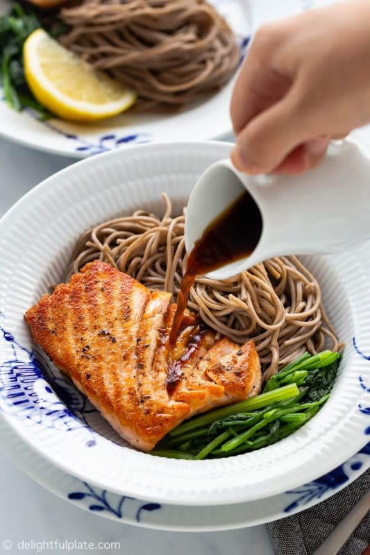 <p>This pan-seared salmon soba noodle salad features moist medium-cooked salmon fillets with crispy skin over soba noodles and vegetables. Served with a ginger dressing, this delicious and healthy salad can be a full meal ready in under 30 minutes.</p><p><strong>Get the recipe: <a href="https://delightfulplate.com/seared-salmon-soba-noodle-salad/" rel="nofollow noopener" target="_blank" data-ylk="slk:Seared Salmon Soba Noodle Salad;elm:context_link;itc:0;sec:content-canvas" class="link "><em>Seared Salmon Soba Noodle Salad</em></a></strong></p>