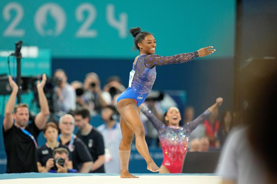 Simone Biles of the United States reacts after competes on the floor exercise in the women’s gymnastics all-around during the Paris 2024 Olympic Summer Games at Bercy Arena.