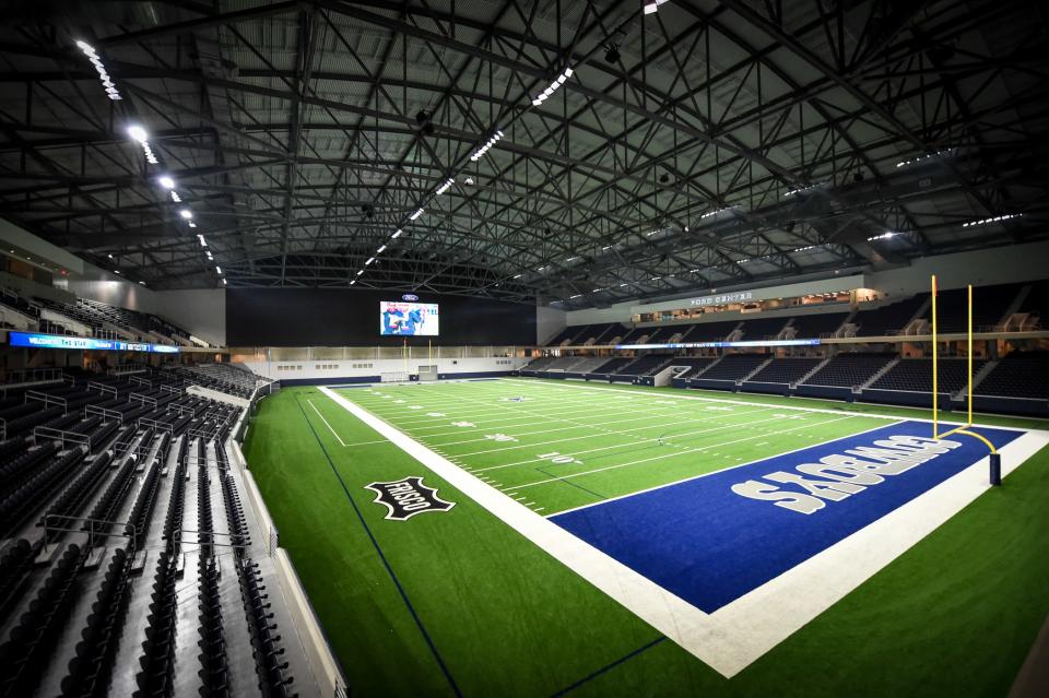 The indoor field at the 510,000-square-foot Ford Center, where the Cowboys and eight local high school teams practice and play.