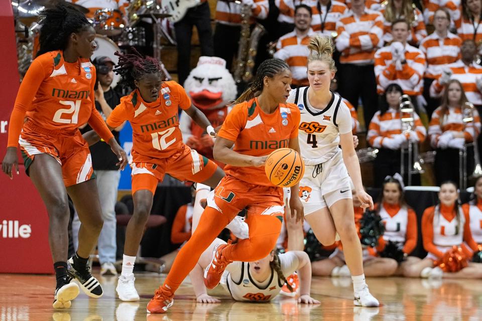Miami's Jasmyne Roberts (4) tracks down a loose ball during the second half of a first-round college basketball game against Oklahoma State.
