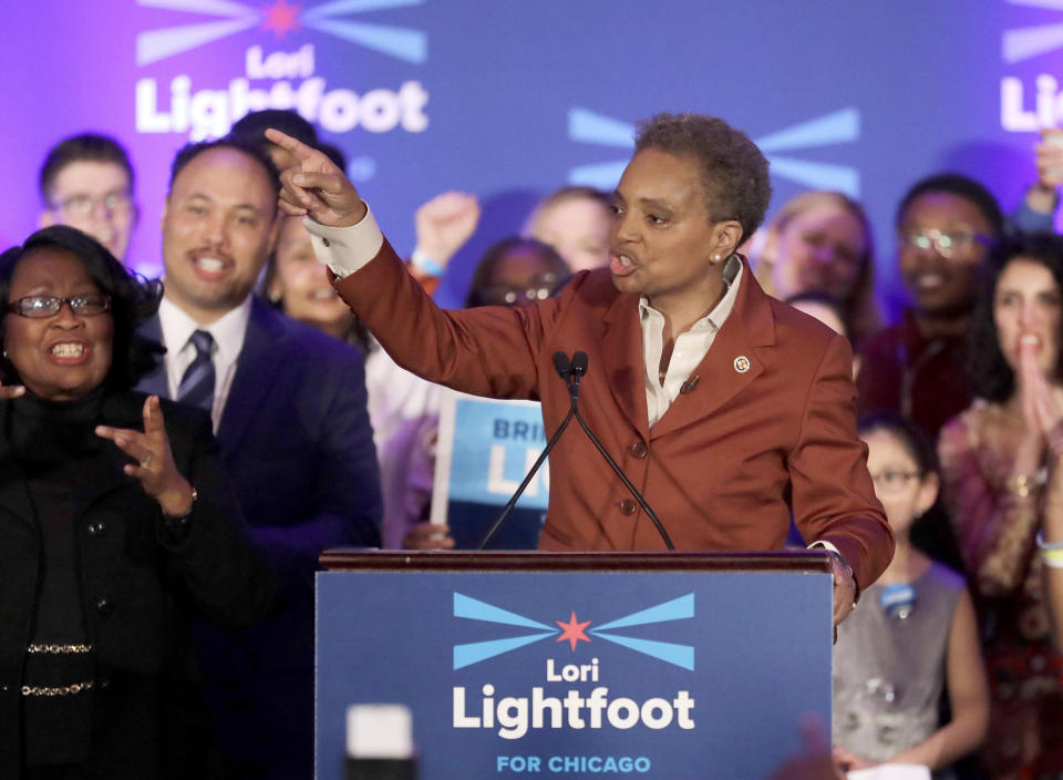 FILE - In this April 2, 2019, Lori Lightfoot speaks to supporters at her election night party in Chicago. Lightfoot is coming into the Chicago mayor’s office pledging to overhaul the city’s police force. She isn’t the first incoming mayor to make such a promise, but she may be the one with the best chance of actually getting it done. (AP Photo/Nam Y. Huh, File)