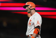 San Francisco Giants' Austin Slater reacts after being called out on strikes against the Arizona Diamondbacks during the eighth inning of a baseball game in San Francisco, Tuesday, Aug. 16, 2022. (AP Photo/Godofredo A. Vásquez)