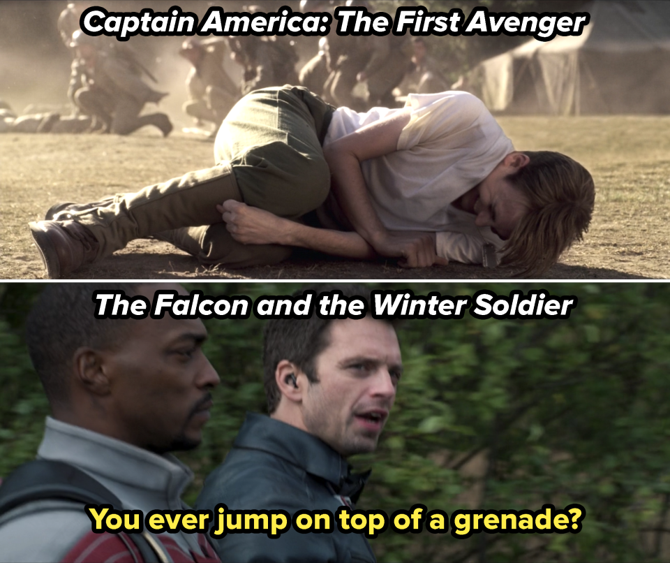 Steve curled up on the ground over a grenade, and Bucky asking, "You ever jump on top of a grenade"