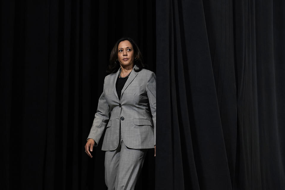 Democratic vice presidential candidate Sen. Kamala Harris, D-Calif., arrives to speak at Shaw University during a campaign visit in Raleigh, N.C., Monday, Sept. 28, 2020. (AP Photo/Gerry Broome)