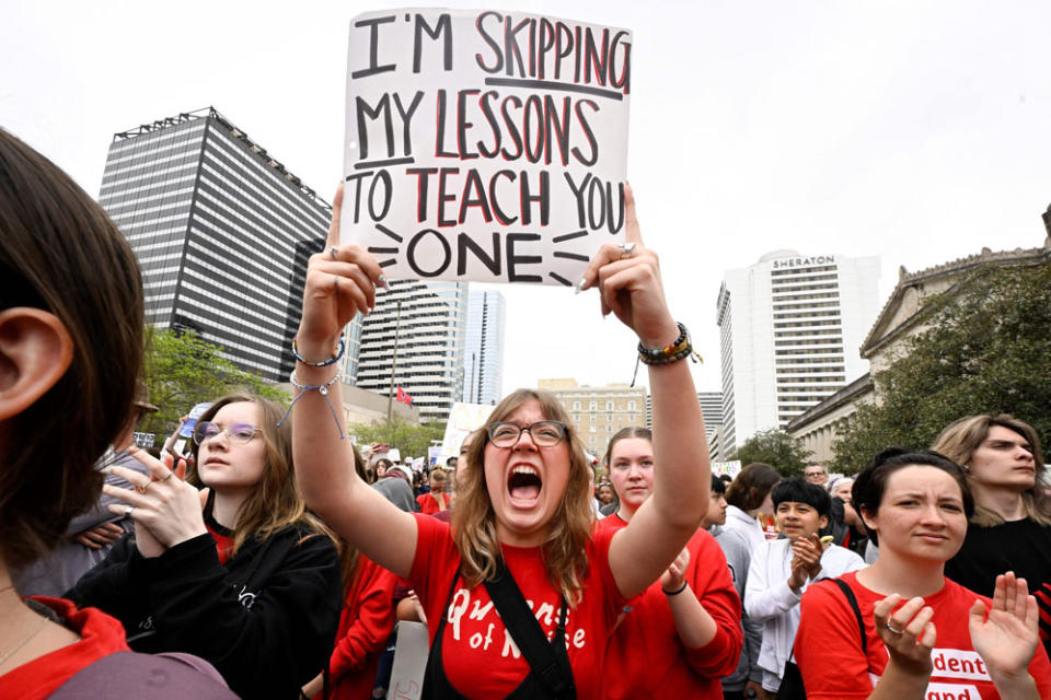 Demonstrators protest at the Tennessee Capitol for stricter gun laws in Nashville, Tennessee, on April 3. (Getty Images)