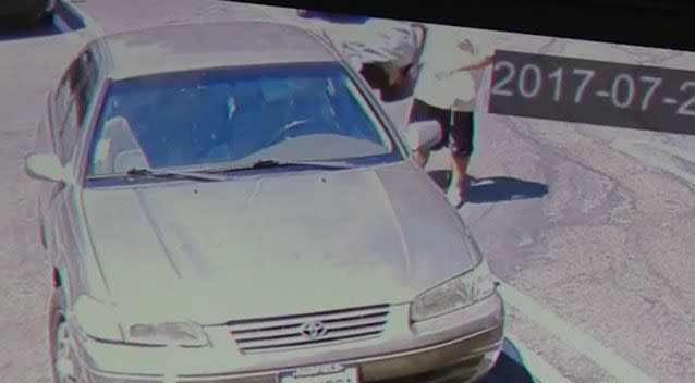 The man is seen removing a bassinet from a car. Source: Suisun City Police