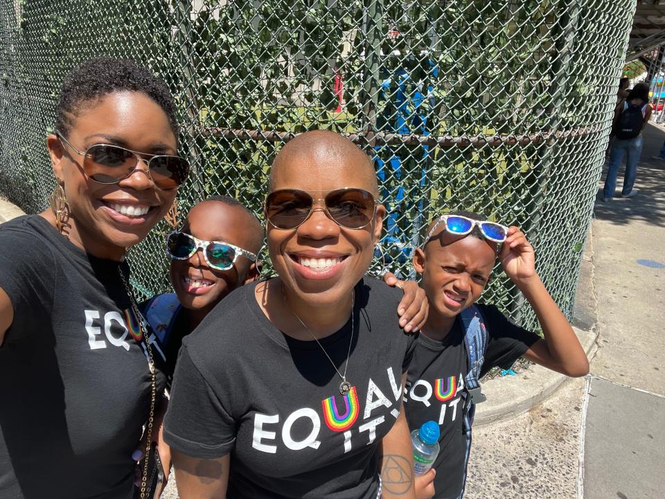 The Stevensons – from left, Cheralyn, London, Stacey and Duke – at Family Week in Provincetown, Mass., in 2021. Stacey Stevenson is the CEO of Family Equality, one of the organizing groups of Family Week.
