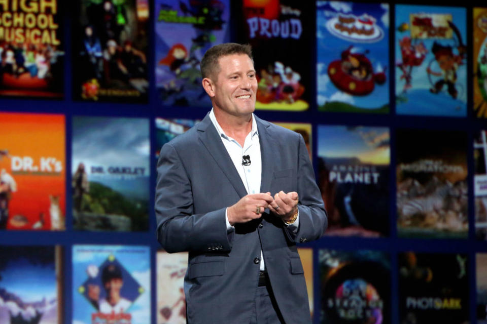 Pictured: Disney's Kevin Mayer speaks about Disney+ at the D23 conference. Image: Getty