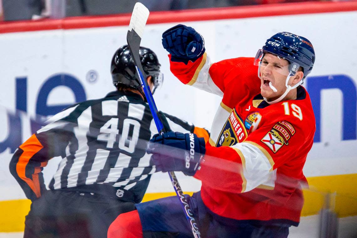 Florida Panthers left wing Matthew Tkachuk (19) reacts after scoring on Tampa Bay Lightning goalie Andrei Vasilevskiy (88) during the first period of an NHL game at FLA Live Arena in Sunrise, Florida, on Friday, October 21, 2022.