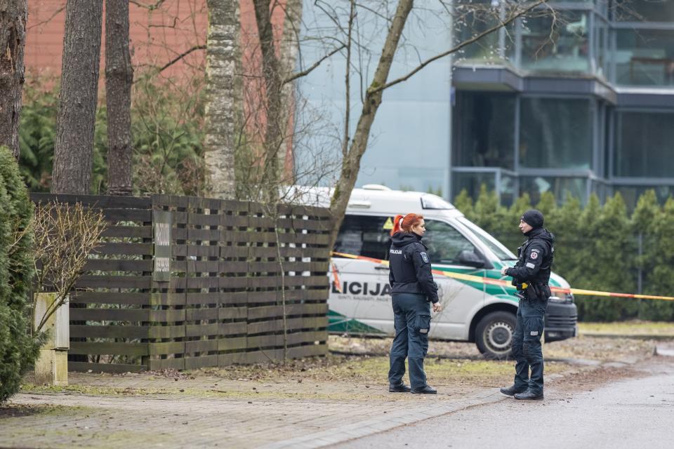 Police officers patrol near the house of Leonid Volkov, a close associate of the late Russian opposition leader Alexei Navalny, in Vilnius, Lithuania, Wednesday, March 13, 2024. Volkov on Wednesday blamed the government of Russian President Vladimir Putin after he was attacked with a hammer and tear gas outside his home near the Lithuanian capital, where he lives in exile, the late Navalny's anti-corruption foundation said.(AP Photo/Mindaugas Kulbis)