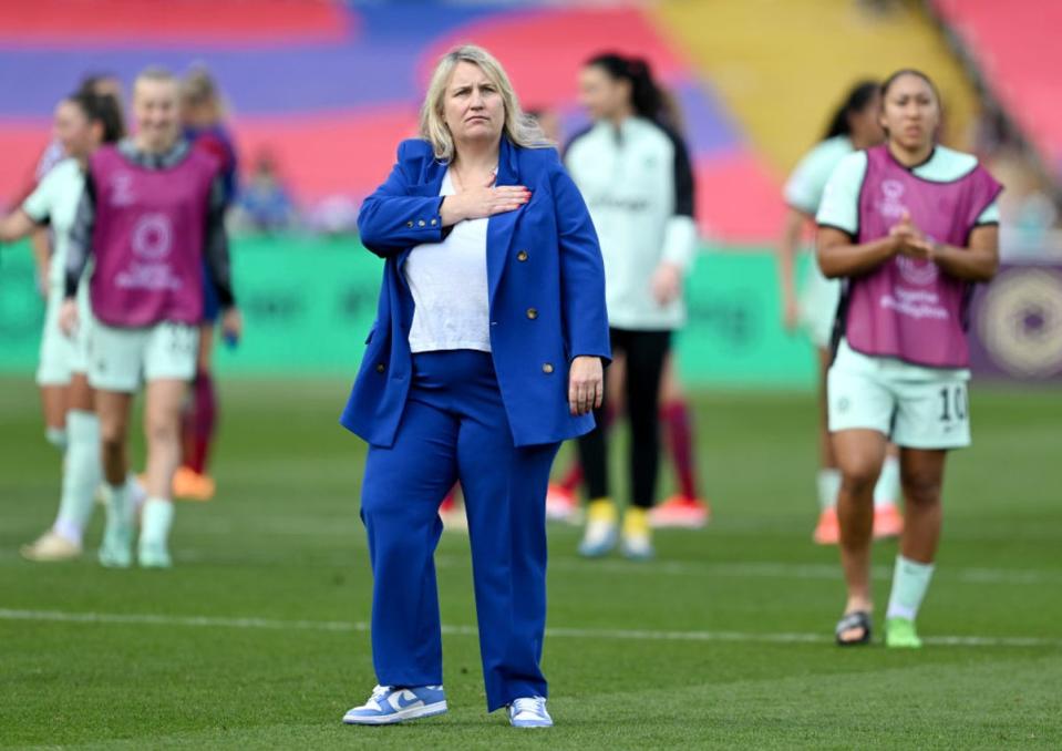 Hayes acknowledges the fans after her team’s victory over Barcelona in the Champions League semi-final first leg in April (Getty)