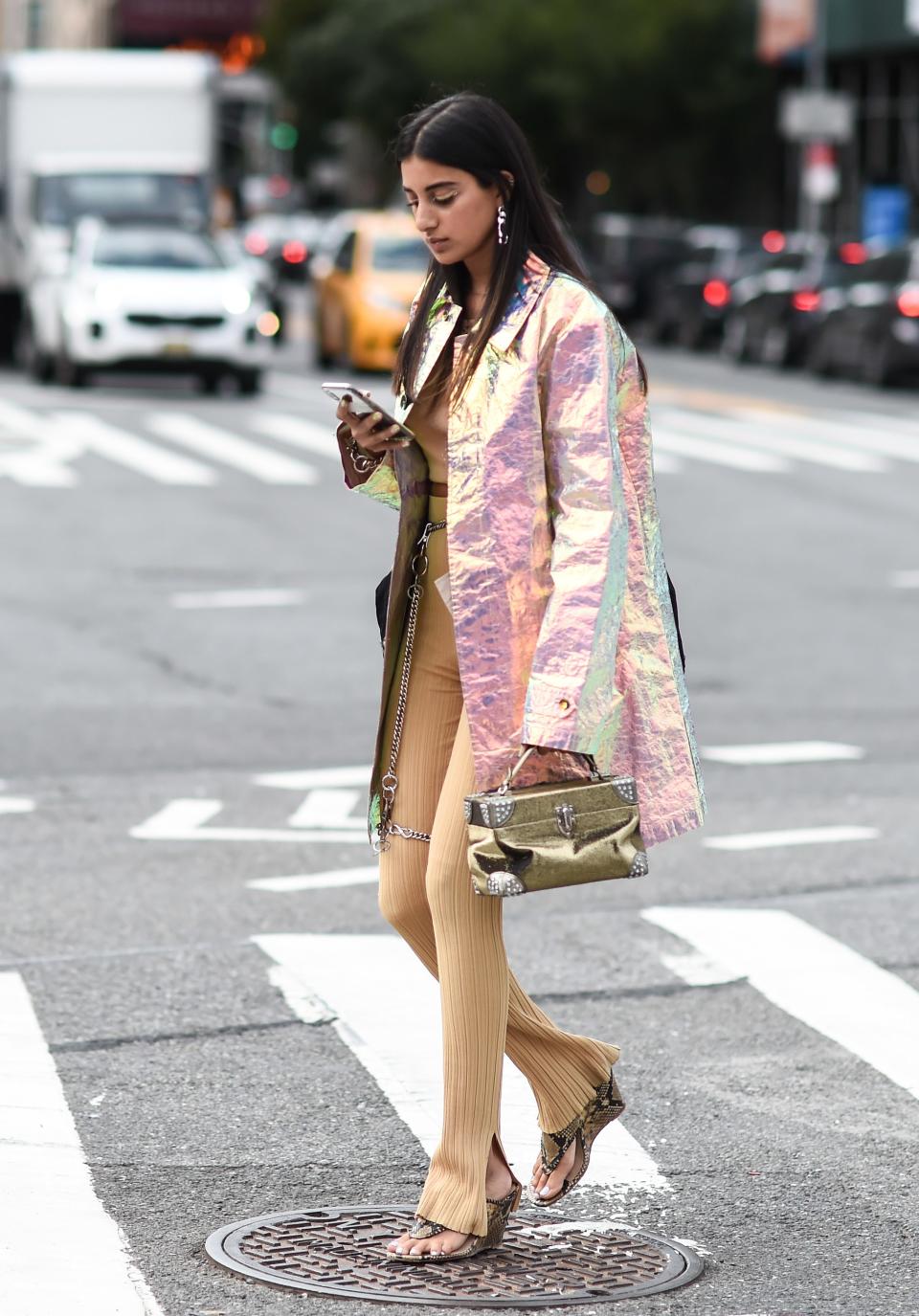 When your jacket is this shiny, the rest of your look can relax for just a moment.