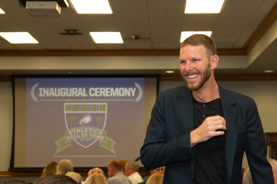 Chris Sale, a former FGCU baseball player and current Red Sox pitcher, smiles during the FGCU Athletics Hall of Fame inaugural induction, Friday, Jan. 14, 2022, at the Cohen Student Union in Fort Myers, Fla.