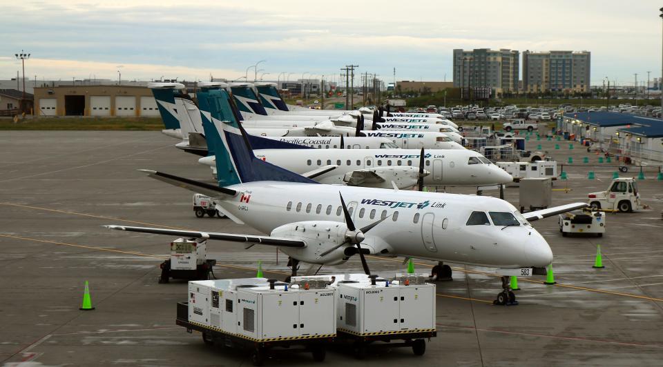 Calgary, Alberta/Canada - August 22, 2019: WestJet fleet of commercial passenger aircraft at YYC International Airport