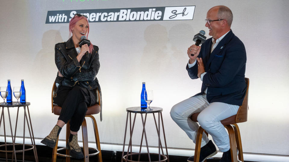 Alex ("Supercar Blondie") Hirschi and McKeel Hagerty during their discussion on the collector-car market at Robb Report's House of Robb at the Carmel Valley Ranch on August 17.