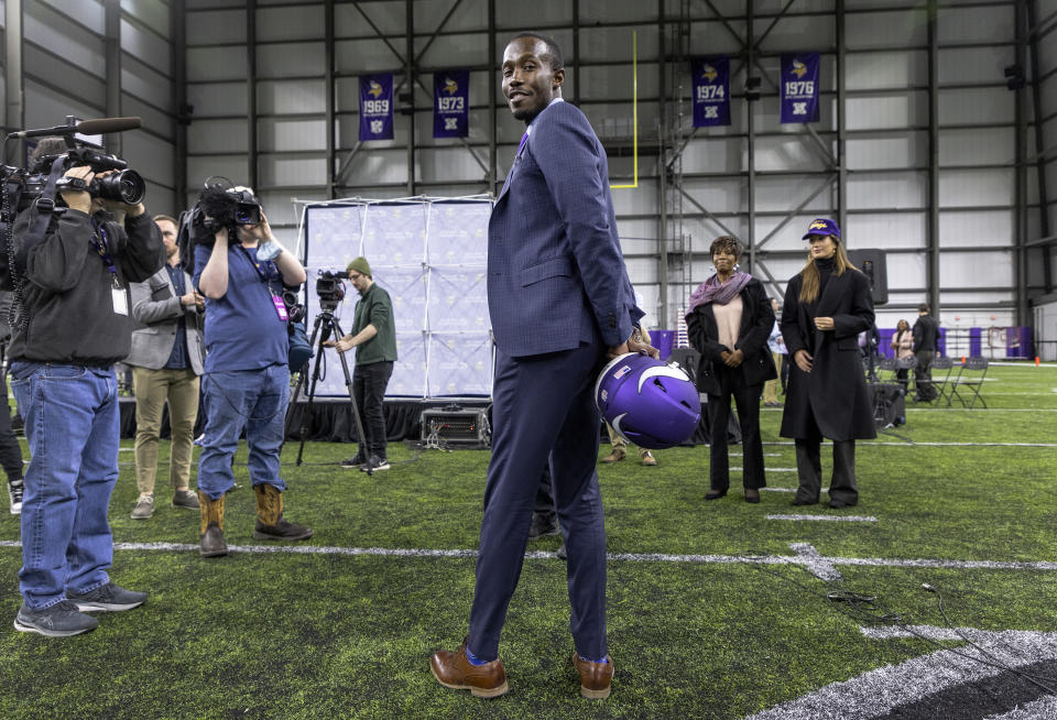 Minnesota Vikings new general manger Kwesi Adofo-Mensah smiles after a press conference Thursday, Jan. 27, 2022 at TCO Performance Center in Eagan, Minn.(Carlos Gonzalez/Star Tribune via AP)