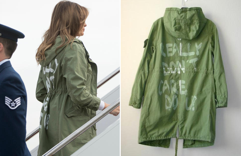 <p>First Lady Melania Trump boards a plane to visit detention centers holding migrant children in McAllen, Texas, on June 21, 2018, <a href="https://people.com/style/melania-trump-visits-migrant-children-in-really-dont-care-jacket/" rel="nofollow noopener" target="_blank" data-ylk="slk:wearing a green Zara jacket;elm:context_link;itc:0;sec:content-canvas" class="link ">wearing a green Zara jacket</a> featuring the words “I Really Don’t Care, Do U?” written in graffiti lettering across the back. </p> <p>Her visit came on the heels of the president's<a href="https://people.com/politics/president-trump-executive-order-child-separation-policy/" rel="nofollow noopener" target="_blank" data-ylk="slk:decision to reverse his administration’s policy to separate children from their detained parents;elm:context_link;itc:0;sec:content-canvas" class="link "> decision to reverse his administration’s policy to separate children from their detained parents</a> who crossed the border into the United States seeking asylum. He'd first signed such his zero-tolerance order that May, resulting in the separation of more than 2,300 children from their parents. (As of October 2020, <a href="https://people.com/politics/lawyers-still-havent-tracked-down-the-parents-of-545-separated-children/" rel="nofollow noopener" target="_blank" data-ylk="slk:more than 500 children;elm:context_link;itc:0;sec:content-canvas" class="link ">more than 500 children</a> remained separated from their parents.) Responding to heavy criticism over the jacket four months later, the first lady — whose spokeswoman at first denied the piece was making a statement — said the "I Really Don't Care" message was <a href="https://people.com/politics/melania-trump-i-dont-care-jacket-message-to-media-interview/" rel="nofollow noopener" target="_blank" data-ylk="slk:aimed at the "left-wing media.";elm:context_link;itc:0;sec:content-canvas" class="link ">aimed at the "left-wing media."</a></p>