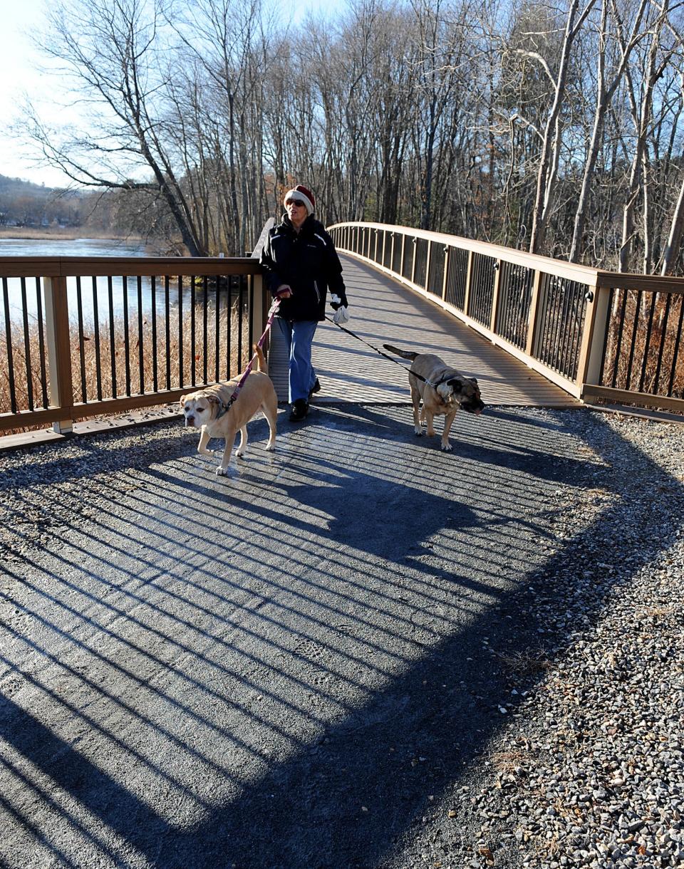 Jean Eaton,  of Ashland,  and her dogs, Marley and Roxie, enjoyed the sunshine at Mill Pond Park in Ashland, Jan. 4,  2022. 