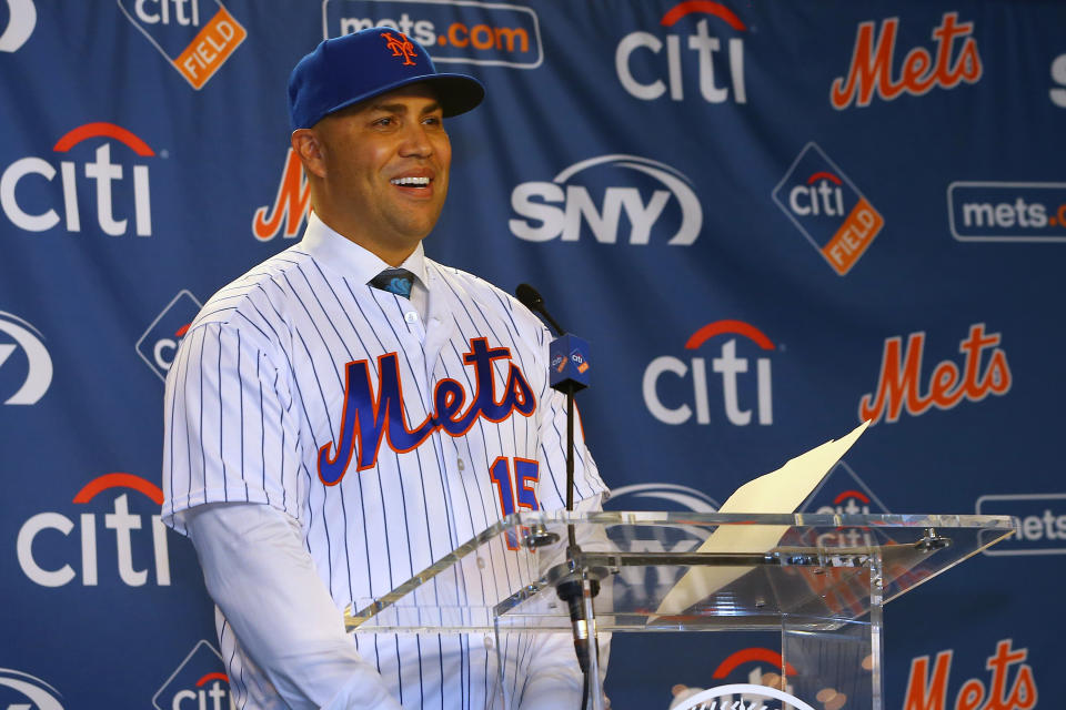 NEW YORK, NY - NOVEMBER 04: Carlos Beltran talks to the media after being introduced as manager of the New York Mets during a press conference at Citi Field on November 4, 2019 in New York City. (Photo by Rich Schultz/Getty Images)