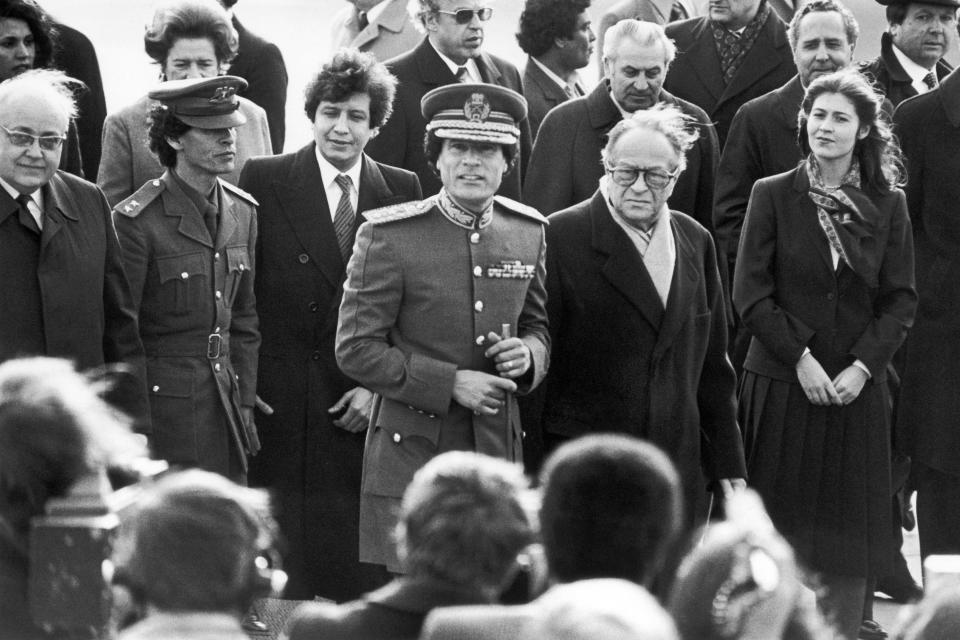 March in Austria can get a bit nippy, so Gaddafi opted for the three-quarter length version of his military coat to keep his derriere out of the draft.      Gaddafi visited the Austrian Chancellor, Bruno Kreisky in 1982. 