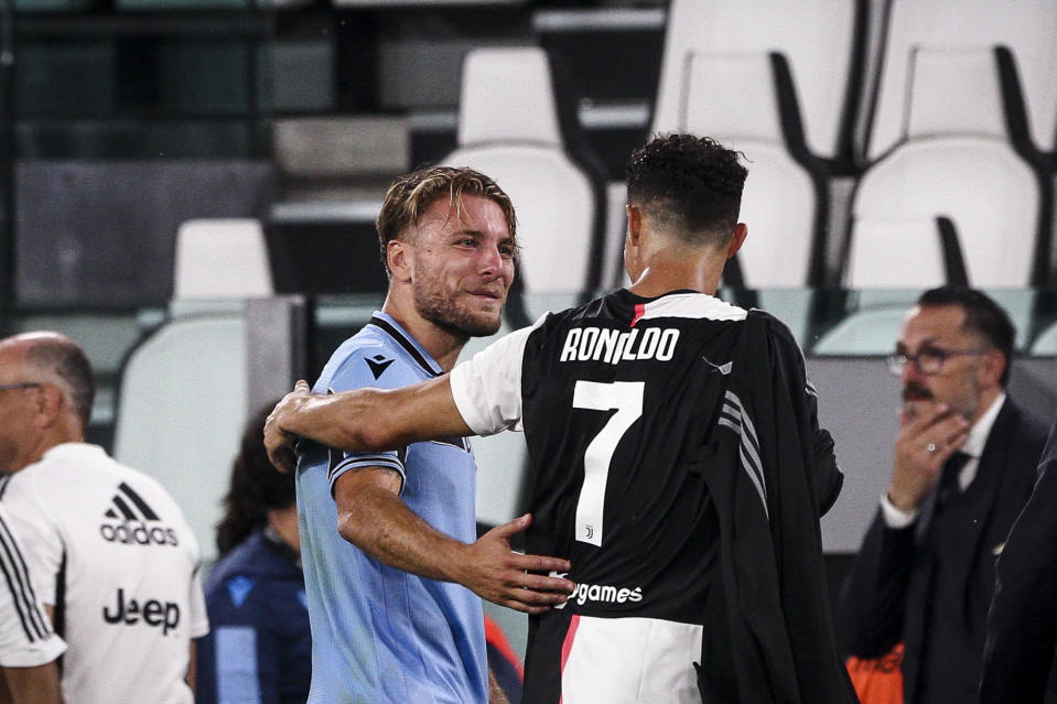 Juventus forward Cristiano Ronaldo (7) talks with Lazio forward Ciro Immobile (17) during the Serie A football match n.34 JUVENTUS - LAZIO on July 20, 2020 at the Allianz Stadium in Turin, Piedmont, Italy. (Photo by Matteo Bottanelli/NurPhoto via Getty Images)