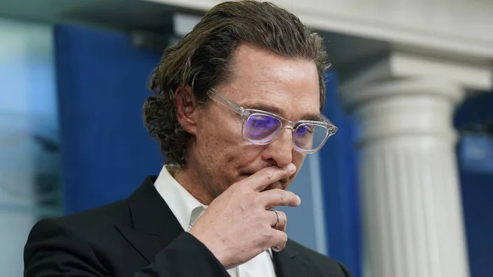 Matthew McConaughey, a native of Uvalde, Texas, talks about the mass shooting in Uvalde as he joins White House press secretary Karine Jean-Pierre for the daily briefing at the White House in Washington, Tuesday, June 7, 2022. (AP Photo/Susan Walsh)