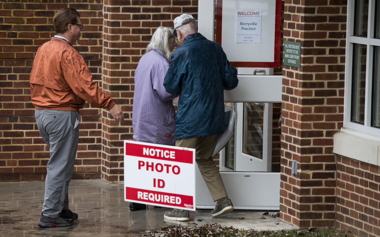 A sign notifies voters that a photo ID is required