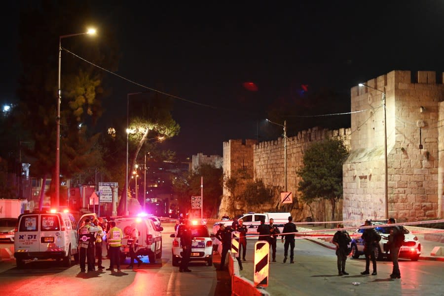 JERUSALEM, ISRAEL – OCTOBER 12: Israeli border police secure the area outside The Shalem Police Station and Herod’s Gate in the old city of Jerusalem, on October 12, 2023 in Jerusalem, Israel. Two police officers who were injured, one is in severe condition, and the other in light condition, in what according to officials was a lone wolf attack. Israel has sealed off Gaza and launched sustained retaliatory air strikes, which have killed at least 1,200 people with more than 300, 000 displaced, after a large-scale attack by Hamas. On October 7, the Palestinian militant group Hamas launched a surprise attack on Israel from Gaza by land, sea, and air, killing over 1,200 people and wounding around 2800. Israeli soldiers and civilians have also been taken hostage by Hamas and moved into Gaza. The attack prompted a declaration of war by Israeli Prime Minister Benjamin Netanyahu and the announcement of an emergency wartime government. (Photo by Alexi J. Rosenfeld/Getty Images)