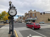 This Tuesday, Oct. 5, 2021, photo, shows the historic Granada Theater building in downtown The Dalles, Oregon. As demand for cloud computing grows, the world's biggest tech companies are building more data centers, including in arid regions even though they use vast amounts of water per day. Some residents of The Dalles, Oregon, are objecting to a proposal by Google to build more data centers there, fearing that, amid rising temperatures and drought, there won't be enough water for everyone. (AP Photo/Andrew Selsky)