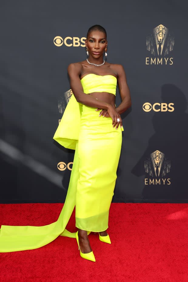 <p>Michaela Coel wearing Christopher John Rogers at the 2021 Emmys.</p><p>Photo: Rich Fury/Getty Images</p>